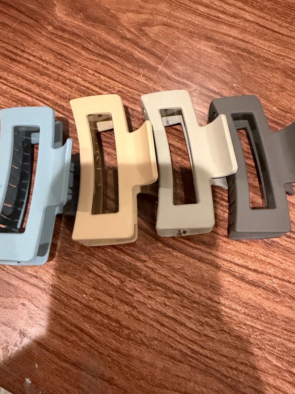 Target Matte Rectangle Hair Claw Clips in Blue, Beige, Light Gray, and Dark Gray